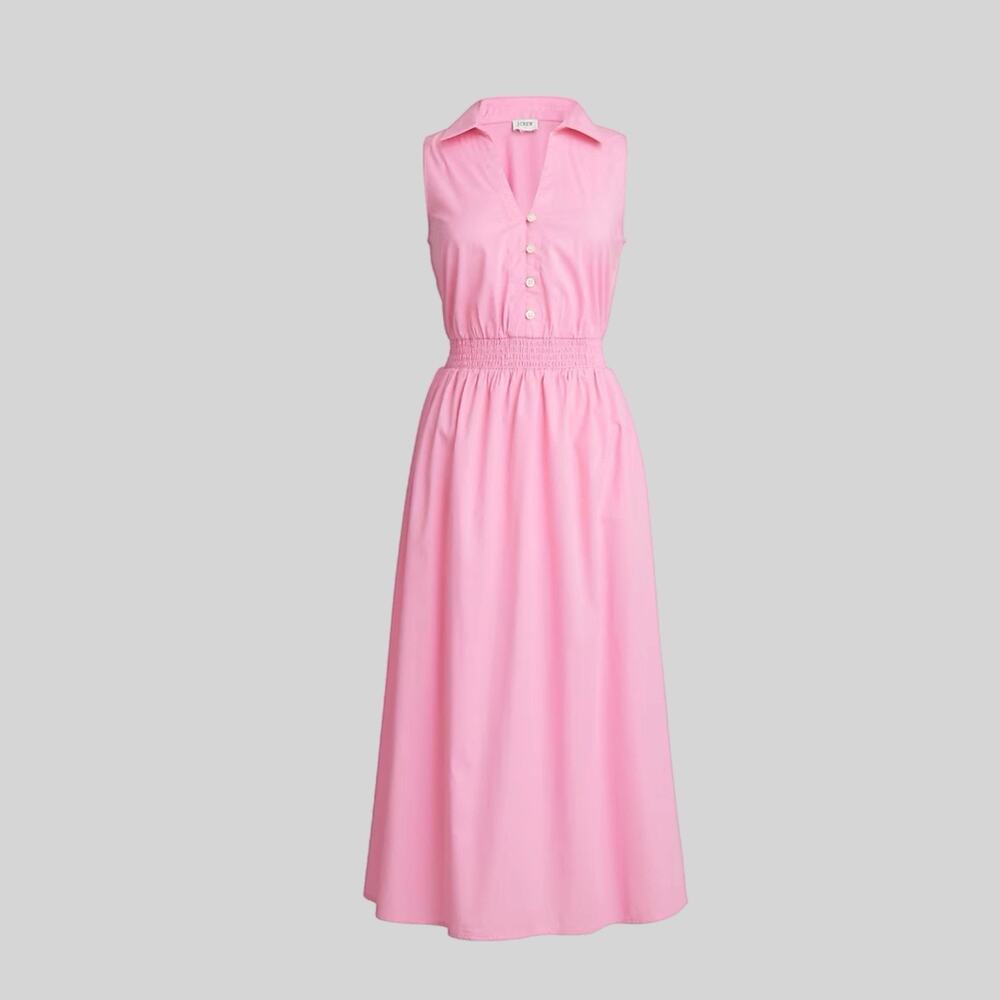 J.Crew Midi Dress Womens 14 Pink Fit And Flare Poplin Pockets Breathable Stretch